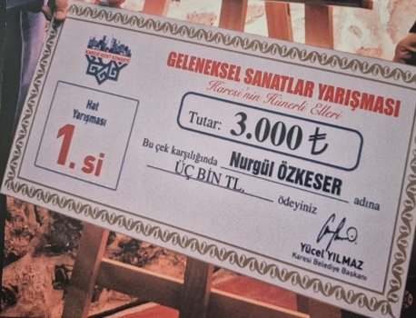 Balıkesir Geleneksel Sanatlar Yarışması birincilik belgesi