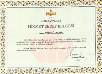 Ankara Valiliği Hizmet Şeref Belgesi
